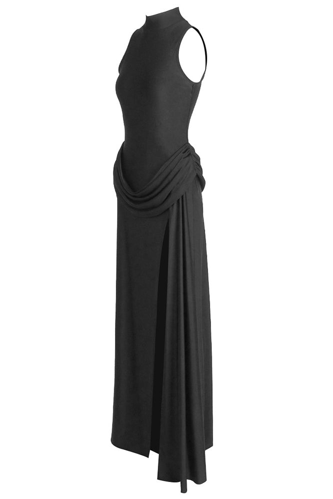See-Through Draped High-Slit Maxi Dress