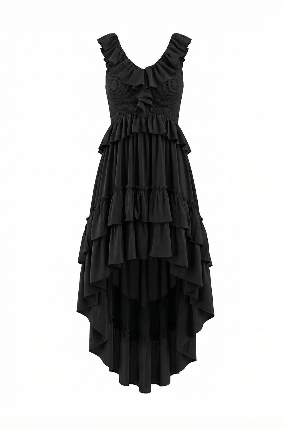 Tiered High-Low Ruffle Maxi Dress in Black Black / Small Tiered High-Low Ruffle Maxi Dress in Black Black / Small