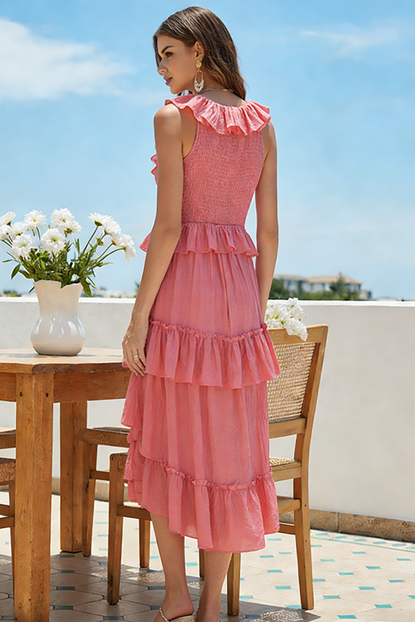 Tiered High-Low Ruffle Maxi Dress in Pink