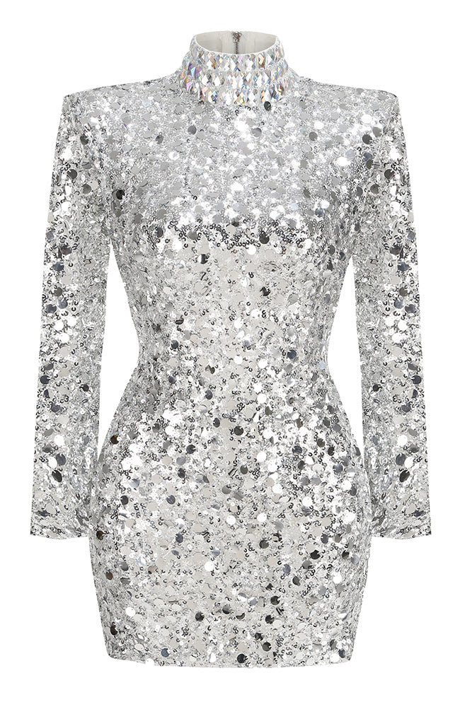 Turtle Rhinestone Sequin Mini Dress in Silver