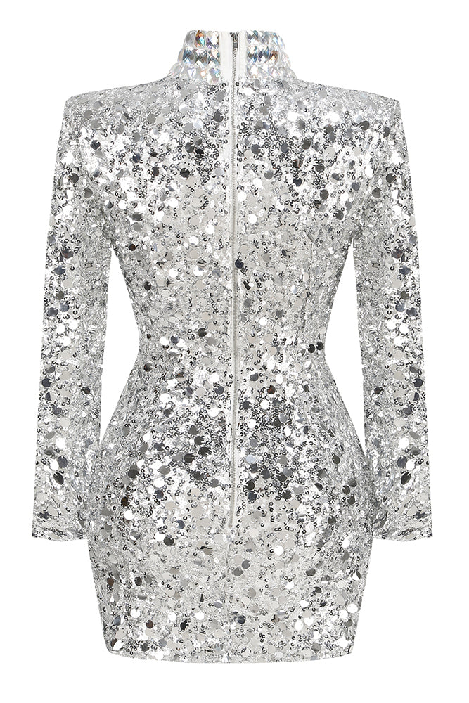 Turtle Rhinestone Sequin Mini Dress in Silver