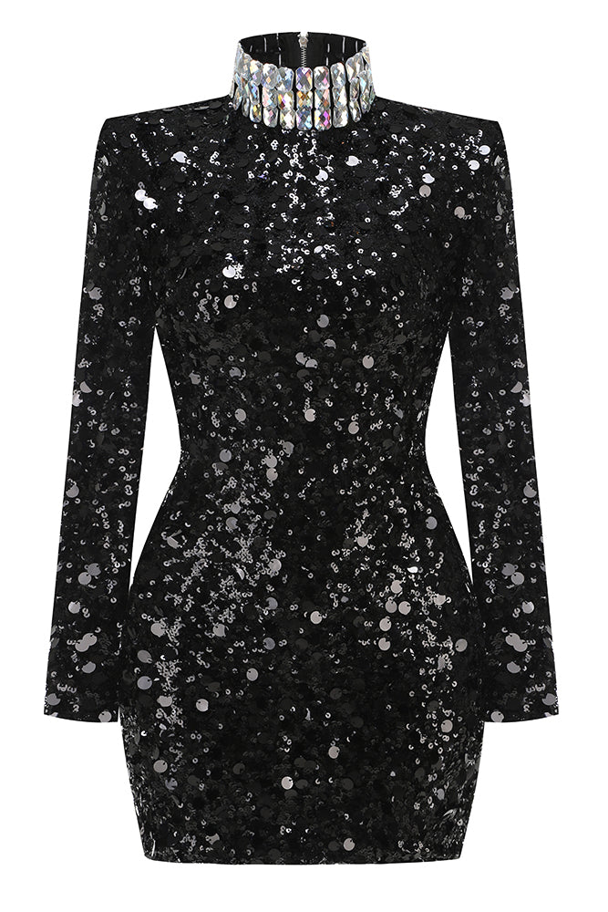 Turtle Rhinestone Sequin Mini Dress in Black