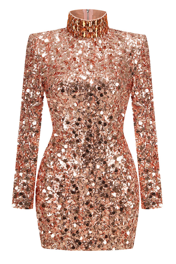 Turtle Rhinestone Sequin Mini Dress in Gold