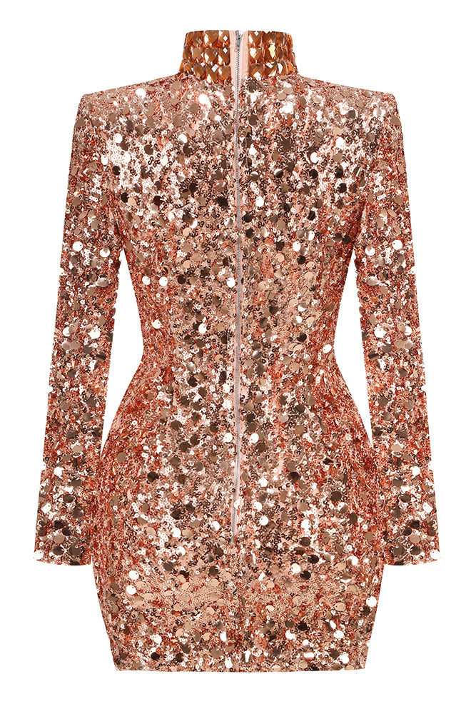 Turtle Rhinestone Sequin Mini Dress in Gold IULOVER Turtle Rhinestone Sequin Mini Dress in Gold IULOVER