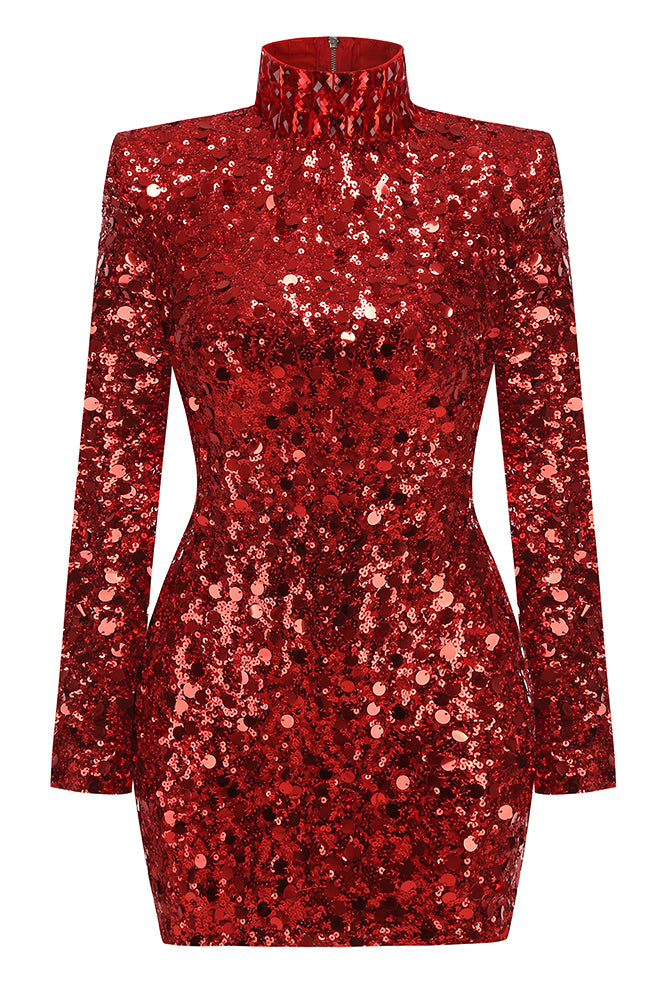 Turtle Rhinestone Sequin Mini Dress in Red IULOVER Turtle Rhinestone Sequin Mini Dress in Red IULOVER