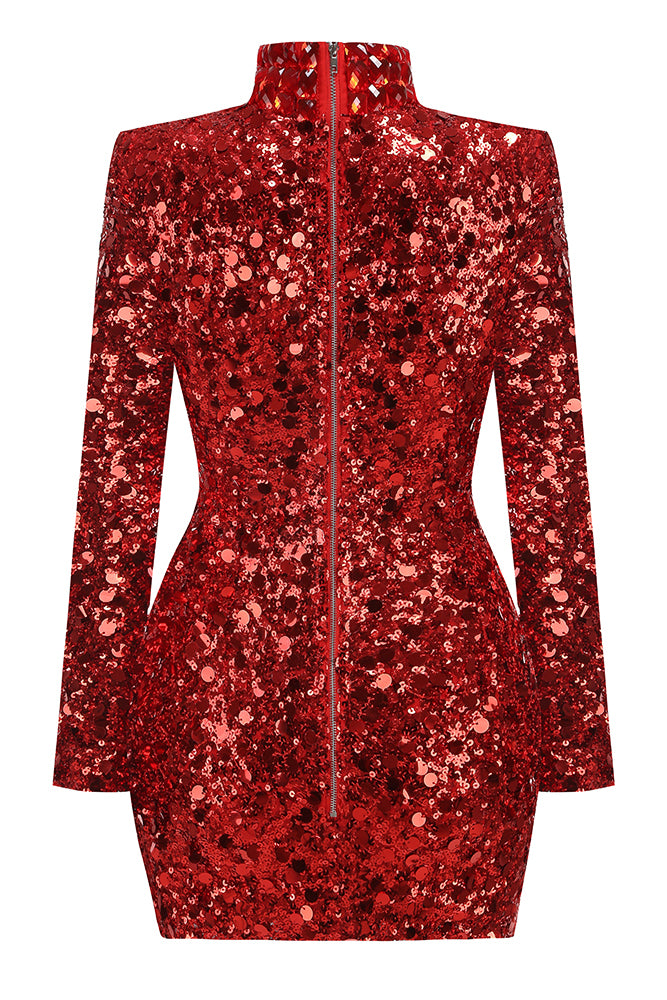 Turtle Rhinestone Sequin Mini Dress in Red Turtle Rhinestone Sequin Mini Dress in Red