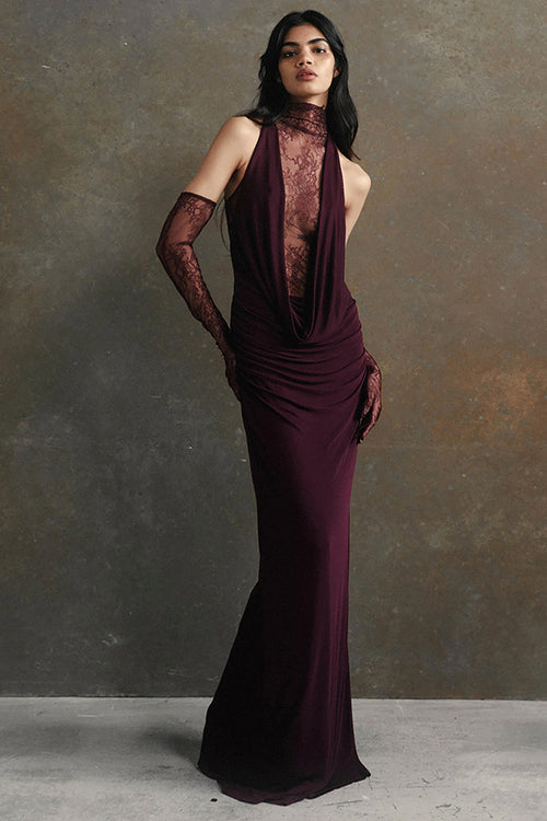 Flower Plunge Cowl-Neck Gown Black / Large