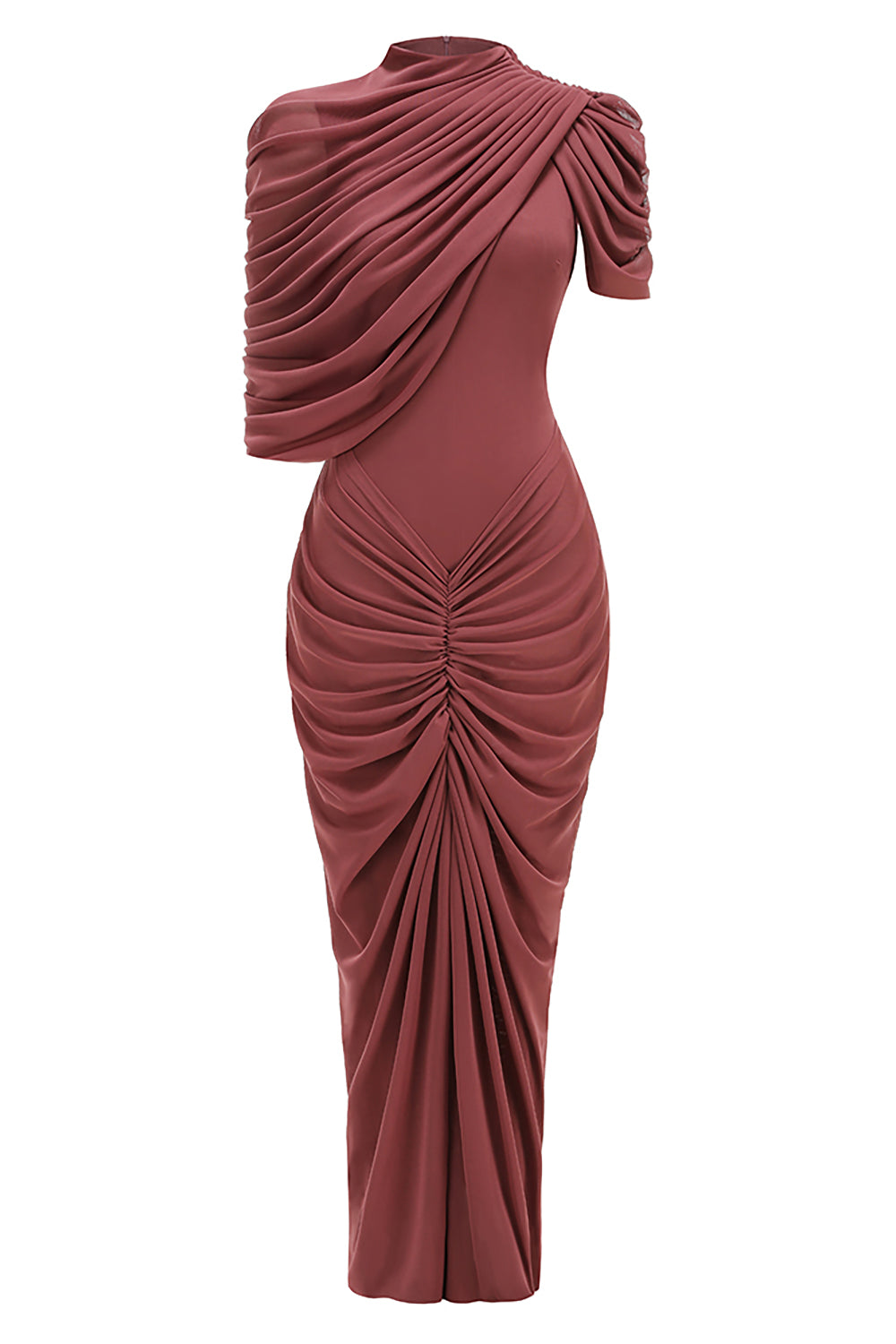 Turtleneck Asymmetrical Pleated Gown Brown / Small Turtleneck Asymmetrical Pleated Gown Brown / Small
