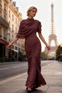 Turtleneck Asymmetrical Pleated Gown