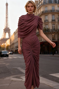 Turtleneck Asymmetrical Pleated Gown