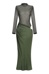 Turtleneck Cut-Out Drape Gown in Olive