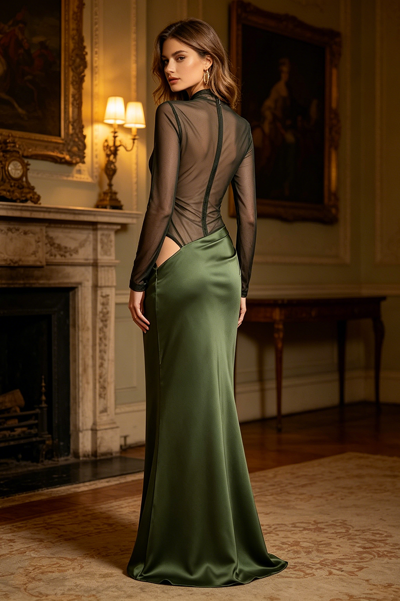 Turtleneck Cut-Out Drape Gown in Olive