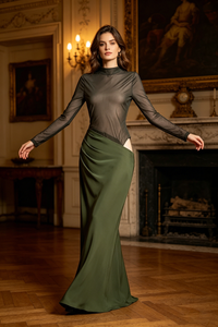 Turtleneck Cut-Out Drape Gown in Olive