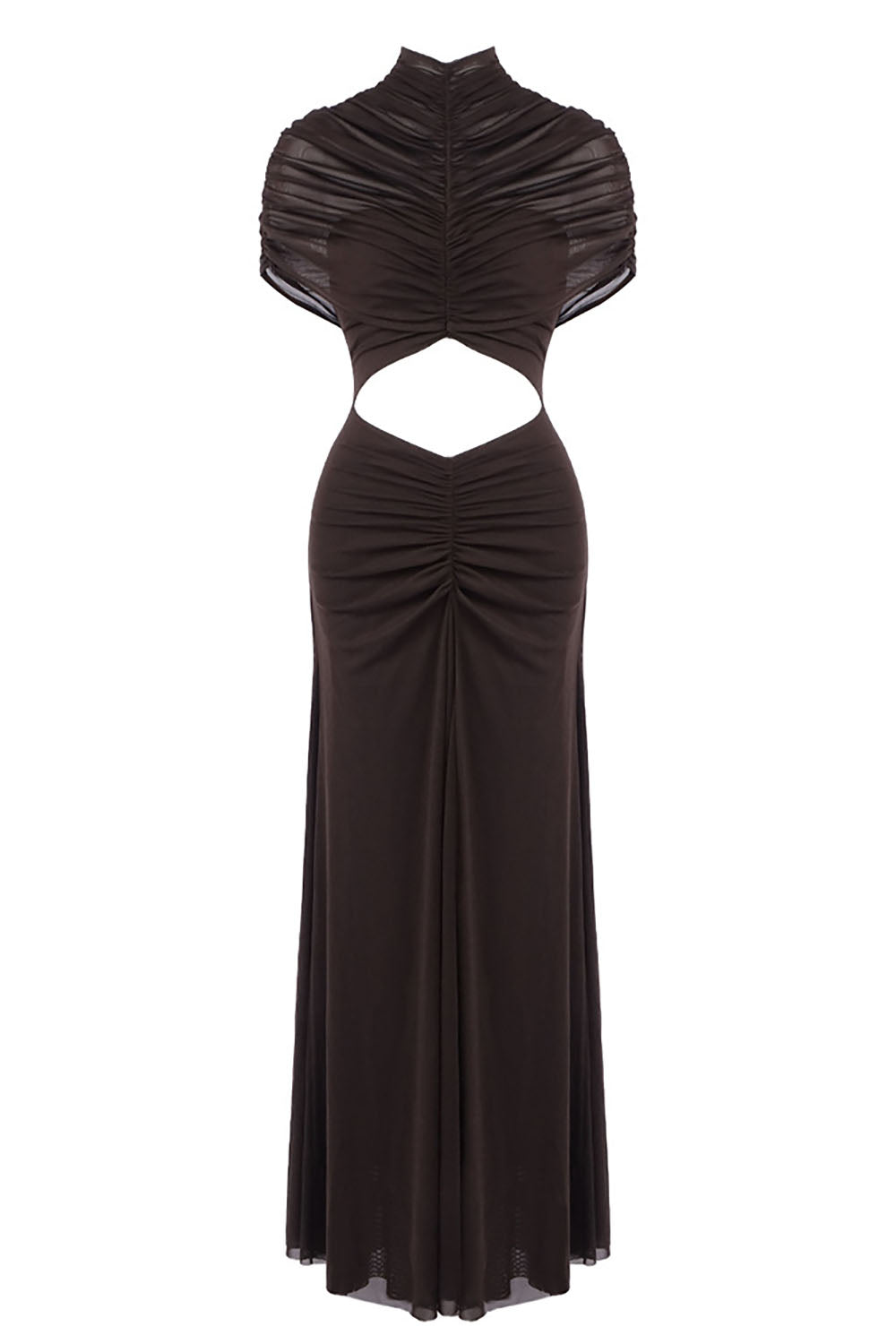 Turtleneck Cut-Out Ruched Mesh Gown