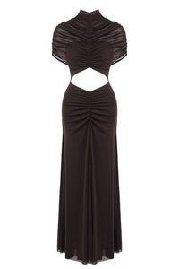 Turtleneck Cut-Out Ruched Mesh Gown
