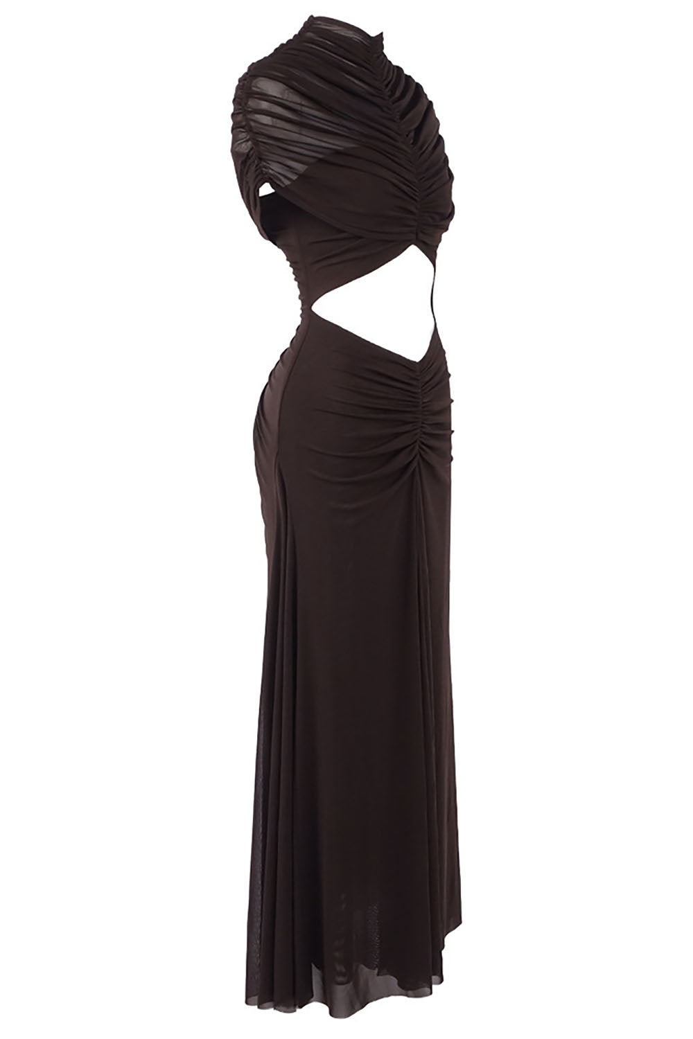 Turtleneck Cut-Out Ruched Mesh Gown