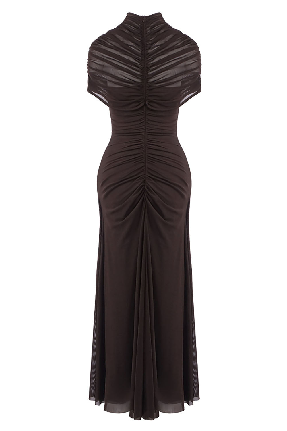 Turtleneck Cut-Out Ruched Mesh Gown