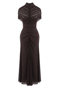 Turtleneck Cut-Out Ruched Mesh Gown