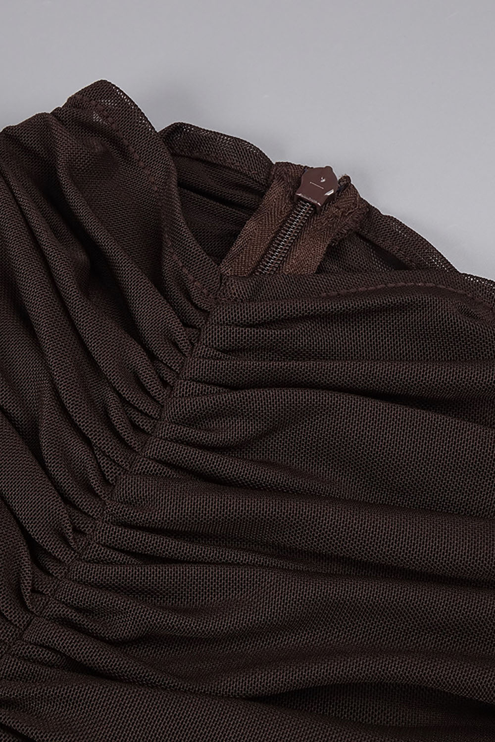 Turtleneck Cut-Out Ruched Mesh Gown