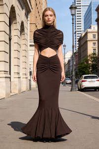 Turtleneck Cut-Out Ruched Mesh Gown
