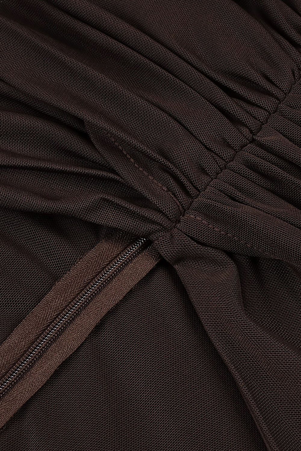 Turtleneck Cut-Out Ruched Mesh Gown