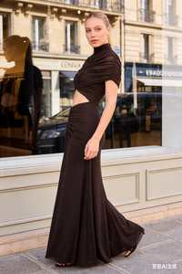 Turtleneck Cut-Out Ruched Mesh Gown