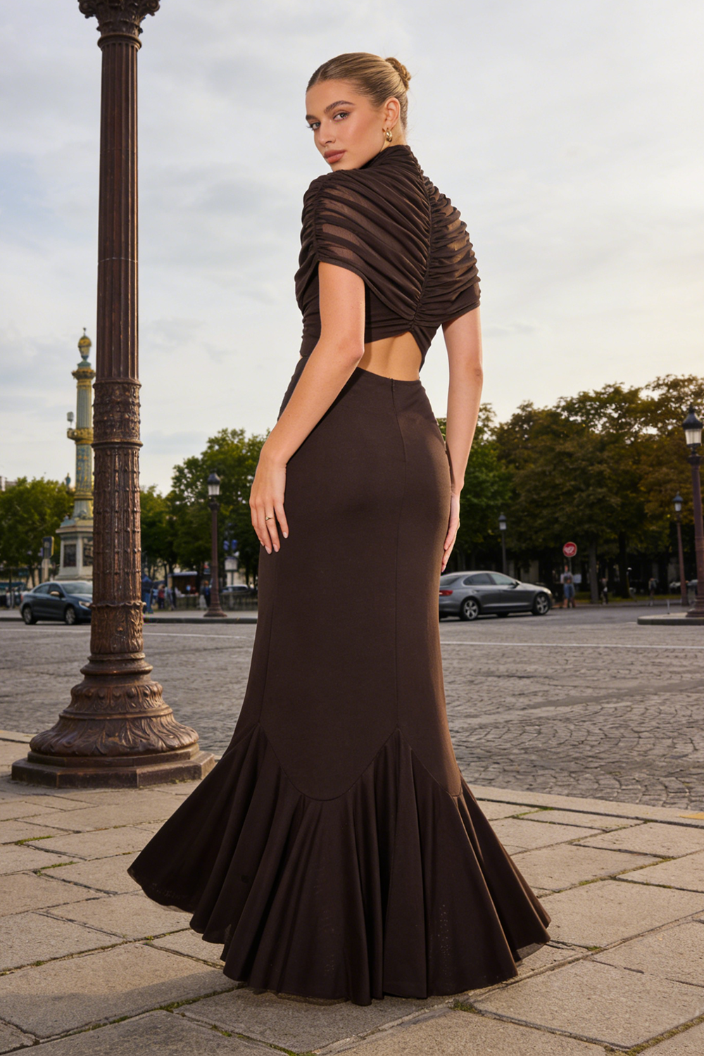 Turtleneck Cut-Out Ruched Mesh Gown