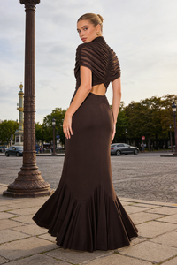 Turtleneck Cut-Out Ruched Mesh Gown