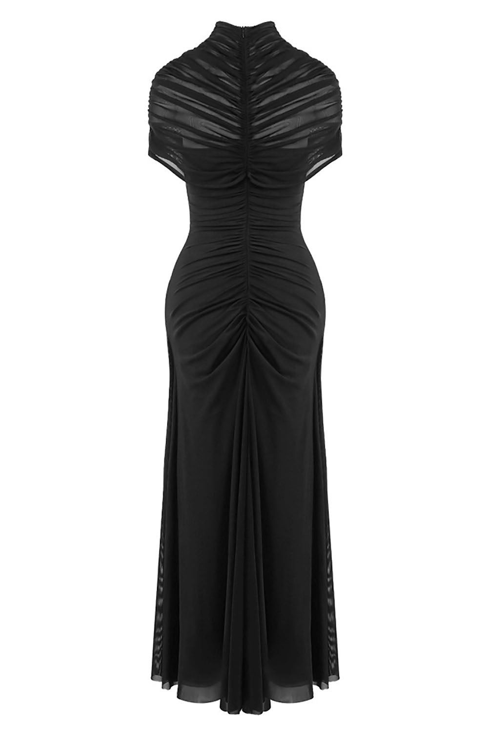 Turtleneck Cut-Out Ruched Mesh Gown