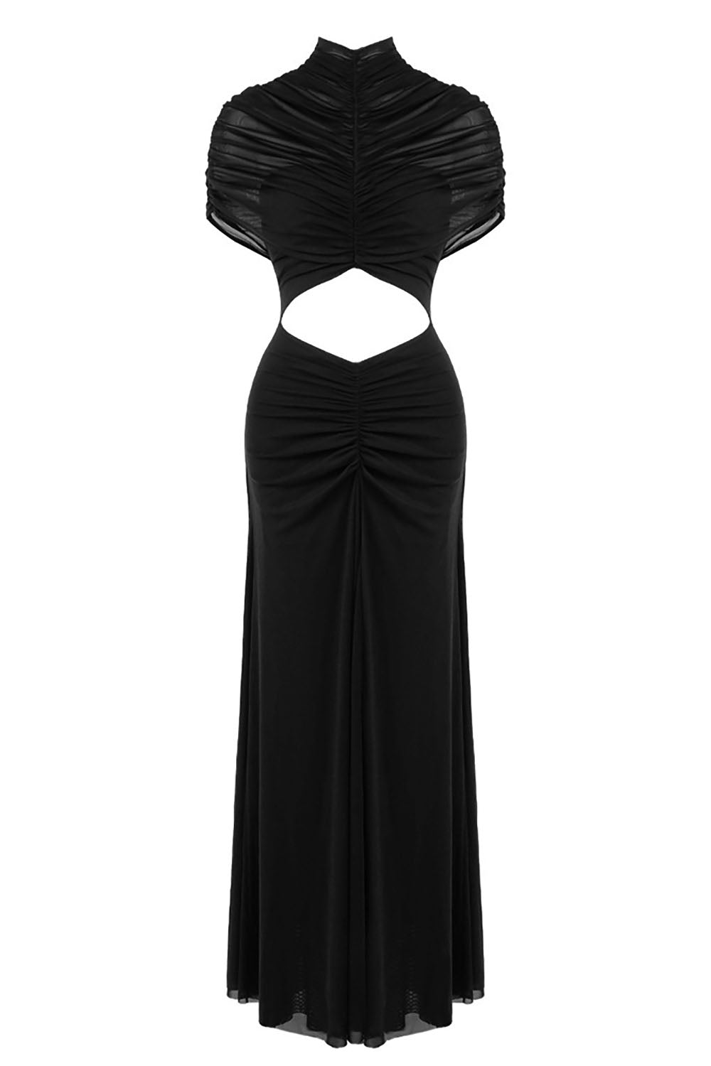Turtleneck Cut-Out Ruched Mesh Gown