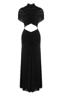 Turtleneck Cut-Out Ruched Mesh Gown