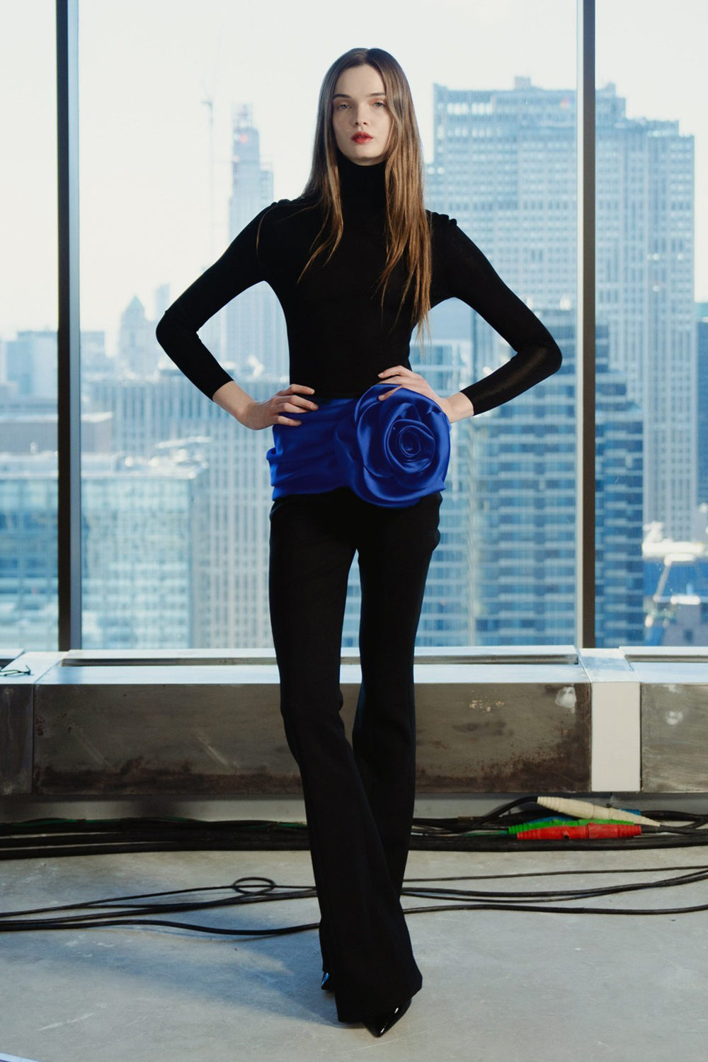 Turtleneck long-sleeve Sweater Draped Rosette Bootcut Pants