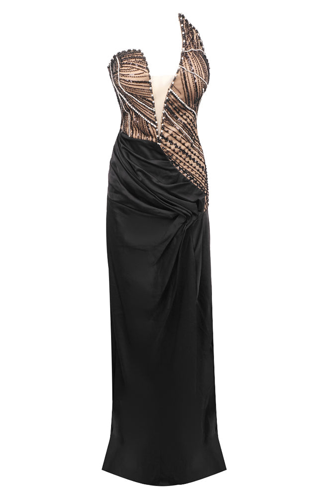 V-Neck Beaded Slit Gown