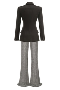 V Neck Long Sleeve Blazer & Rhinestone-Trim Flare Trousers