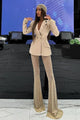 V Neck Long Sleeve Blazer & Rhinestone-Trim Flare Trousers