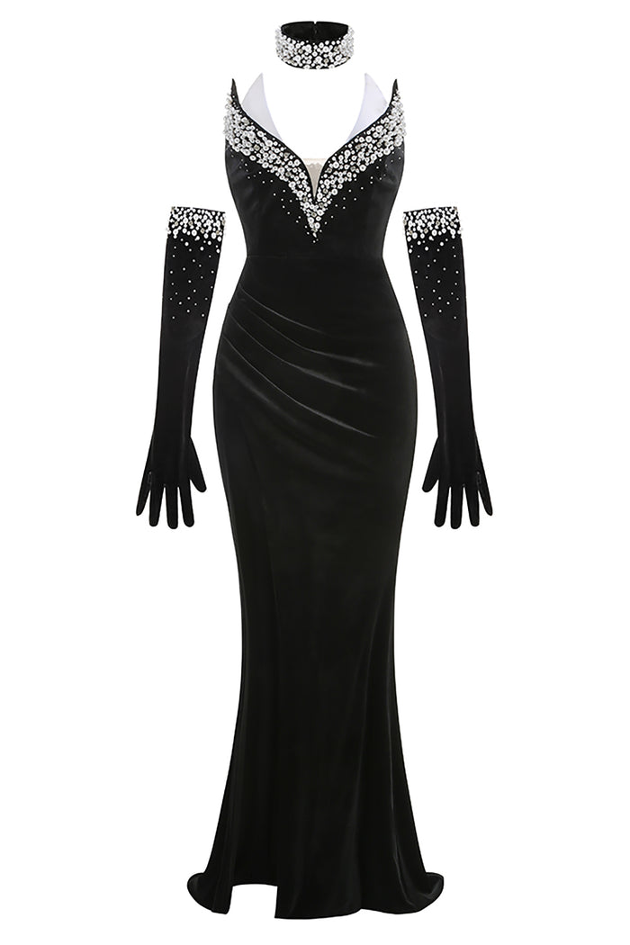 Velvet Pearl Evening Dress With Gloves IULOVER Velvet Pearl Evening Dress With Gloves IULOVER