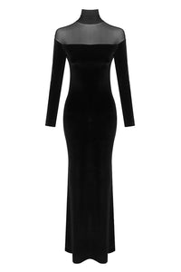 Velvet Mesh-insert Maxi Dress in Black
