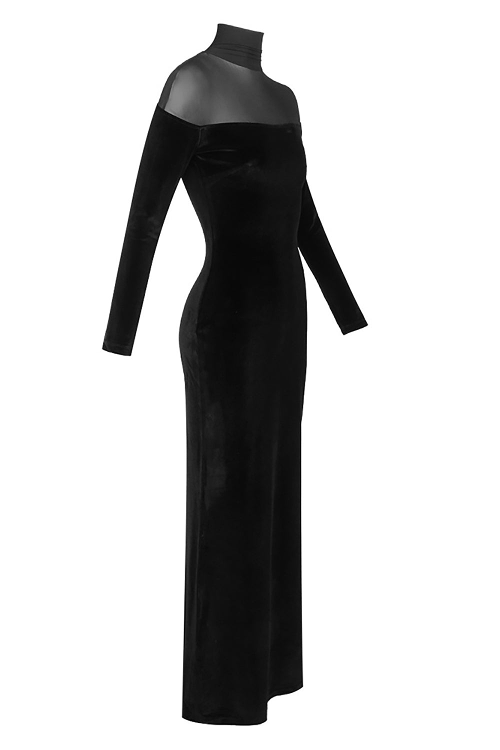 Velvet Mesh-insert Maxi Dress in Black