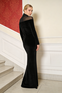 Velvet Mesh-insert Maxi Dress in Black