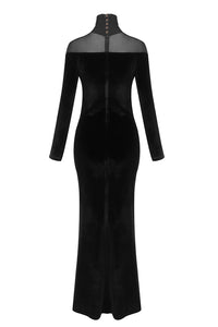 Velvet Mesh-insert Maxi Dress in Black