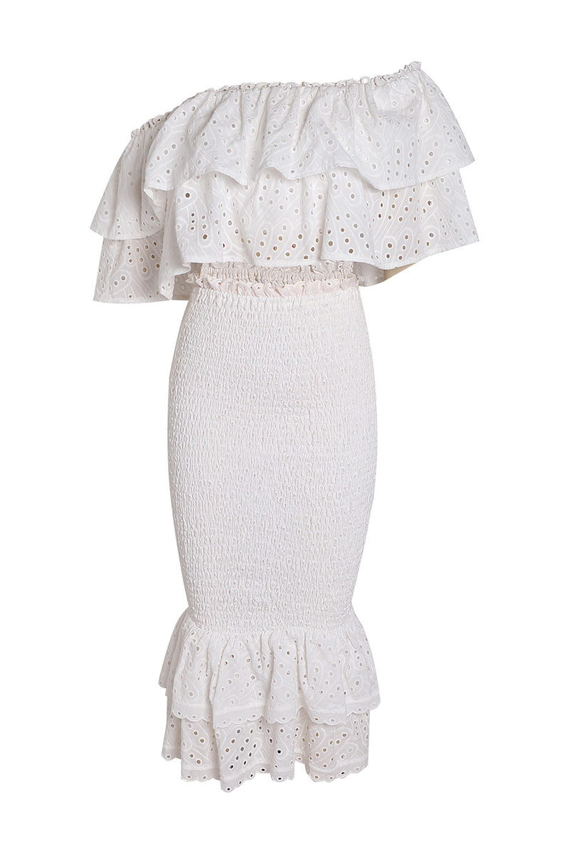 White Lace Tiered Ruffle Two-Piece Set Mermaid Dress