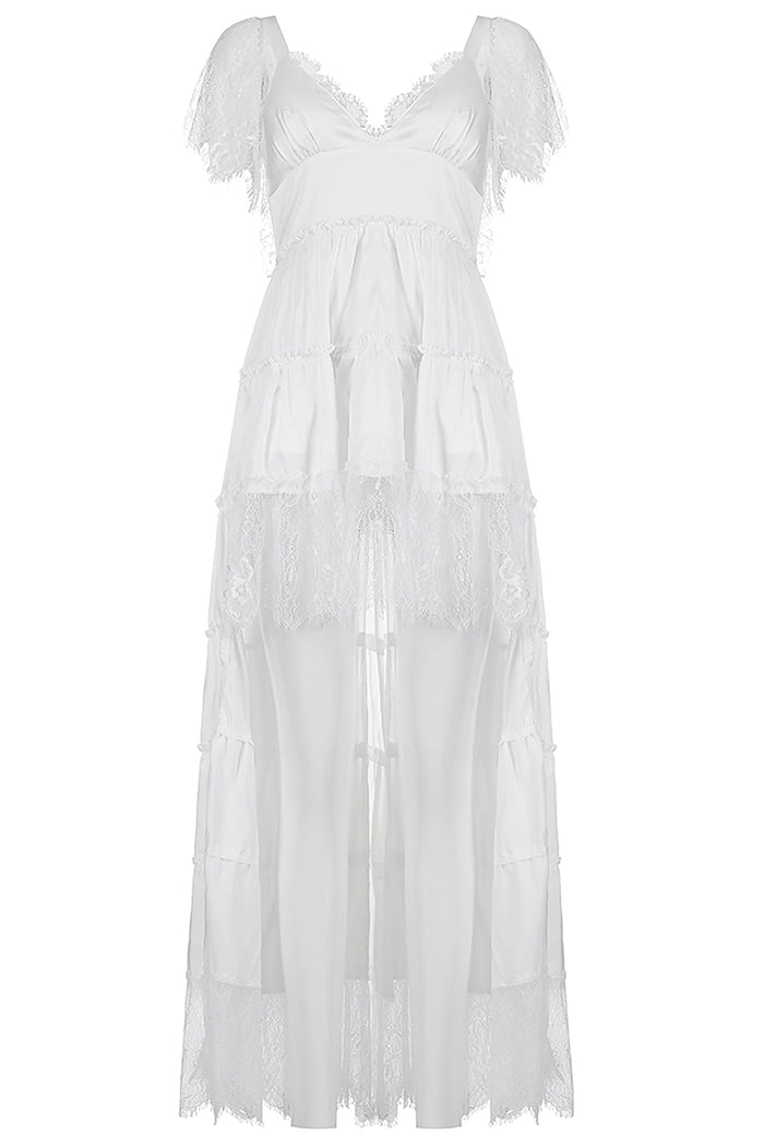 Lace V-neck Cap Sleeve Mid-length Dress In White - IULOVER