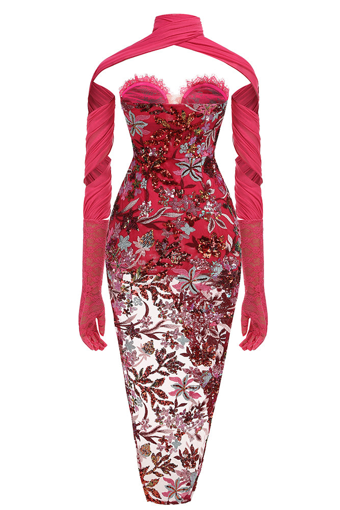 Wrap Strapless Floral Sequin Midi Dress