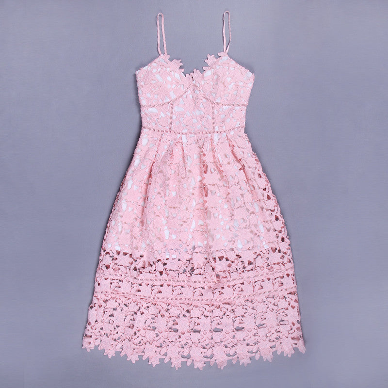 Pink Lace Spaghetti Strap Midi Pattern Fashion Dress - iulover
