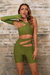 One shoulder Long Sleeve Hollow Out Short Jumpsuit In Black Army Green