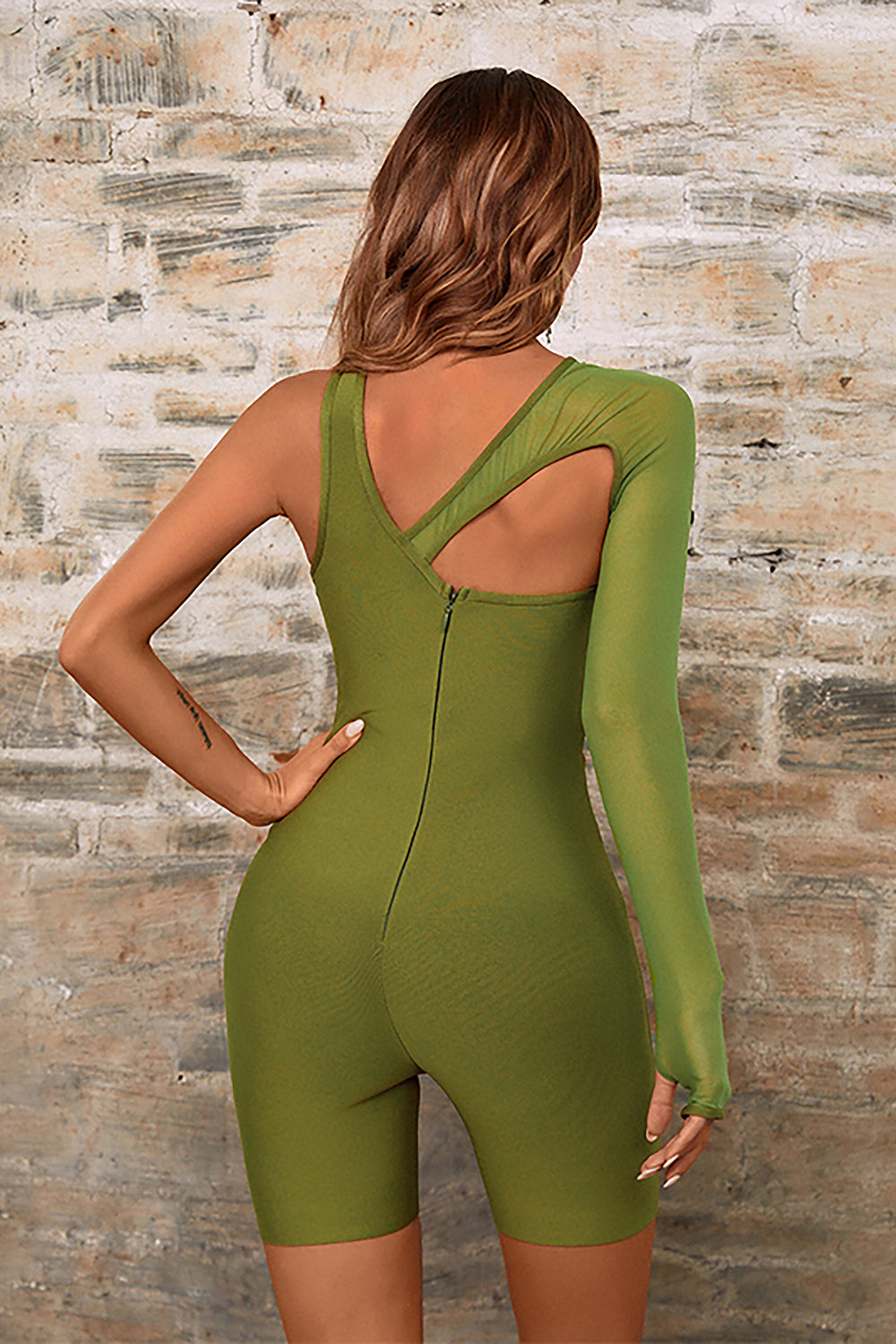 One shoulder Long Sleeve Hollow Out Short Jumpsuit In Black Army Green