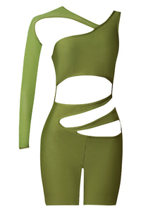 Macacão curto de manga comprida com um ombro em preto verde exército