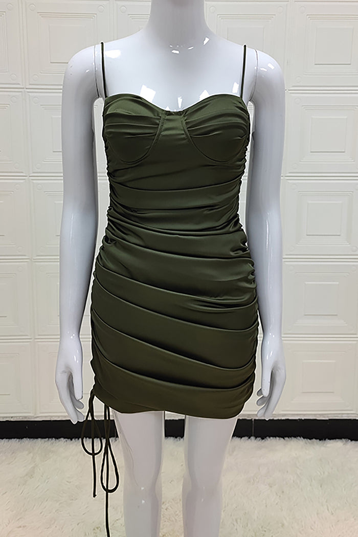 Mini vestido verde militar com tiras e dobras com cadarço