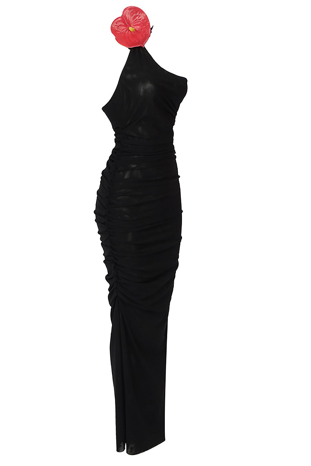 Vestido transparente com decote assimétrico e detalhe de flor de antúrio em preto