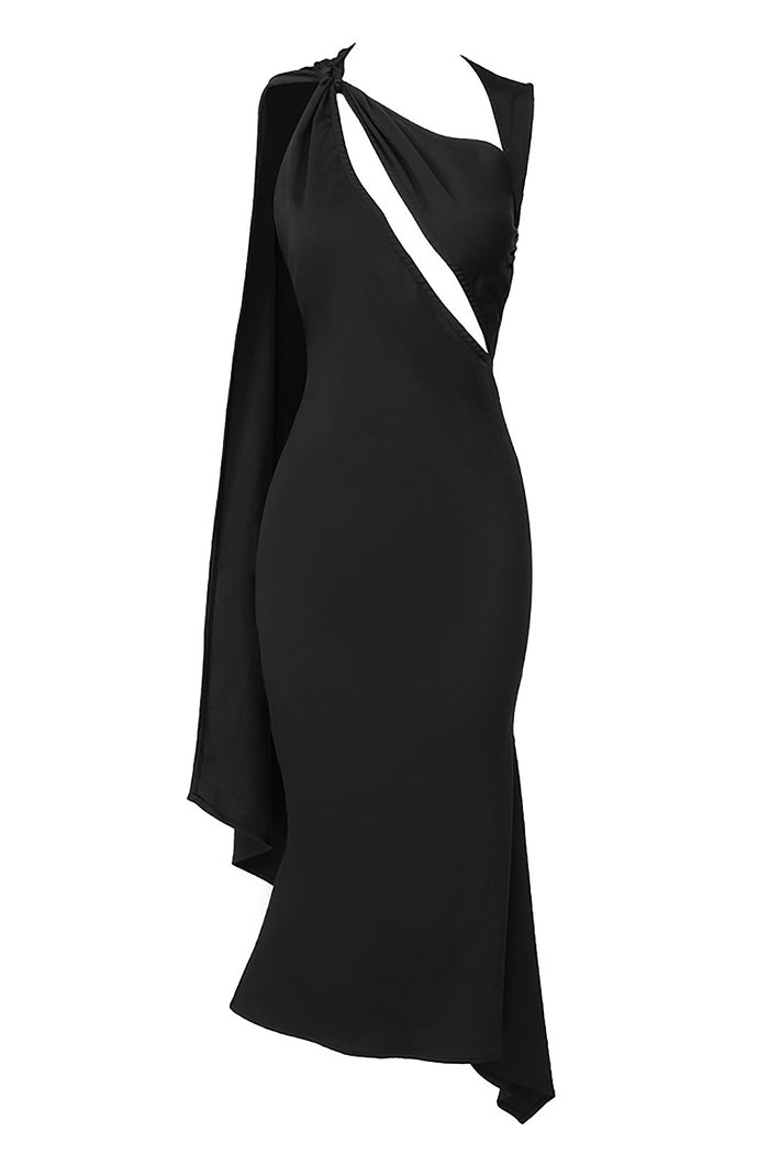 Asymmetric Neckline Cut Out Midi Dress In Black